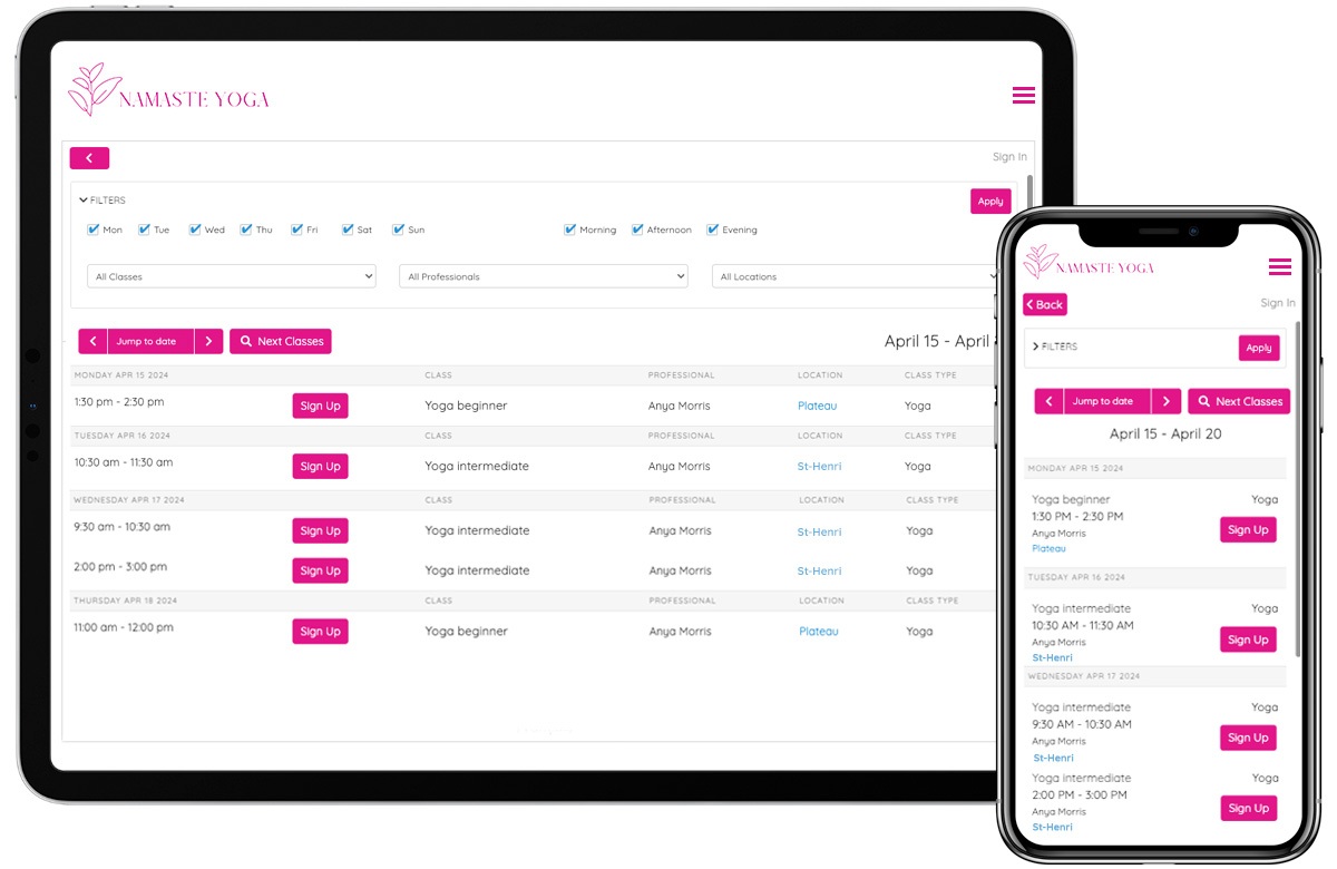 GOrendezvous' class schedule on an ipad and an iphone, displaying the available filters and the information of upcoming classes