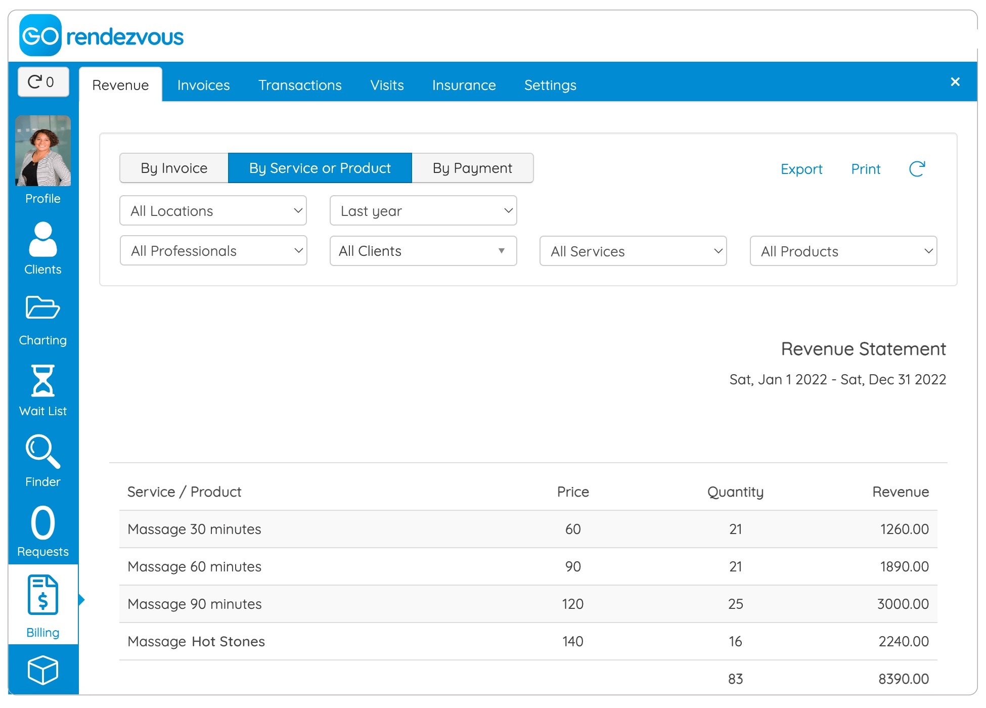 A revenue statement for a professional with revenue organized by service or product