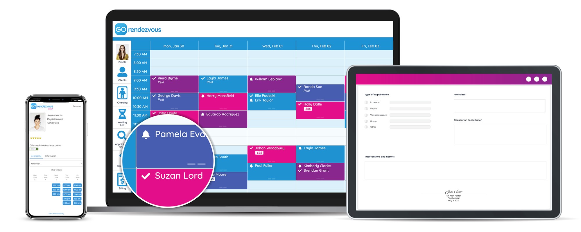 A view of a psychotherapist's GOrendezvous schedule on different devices