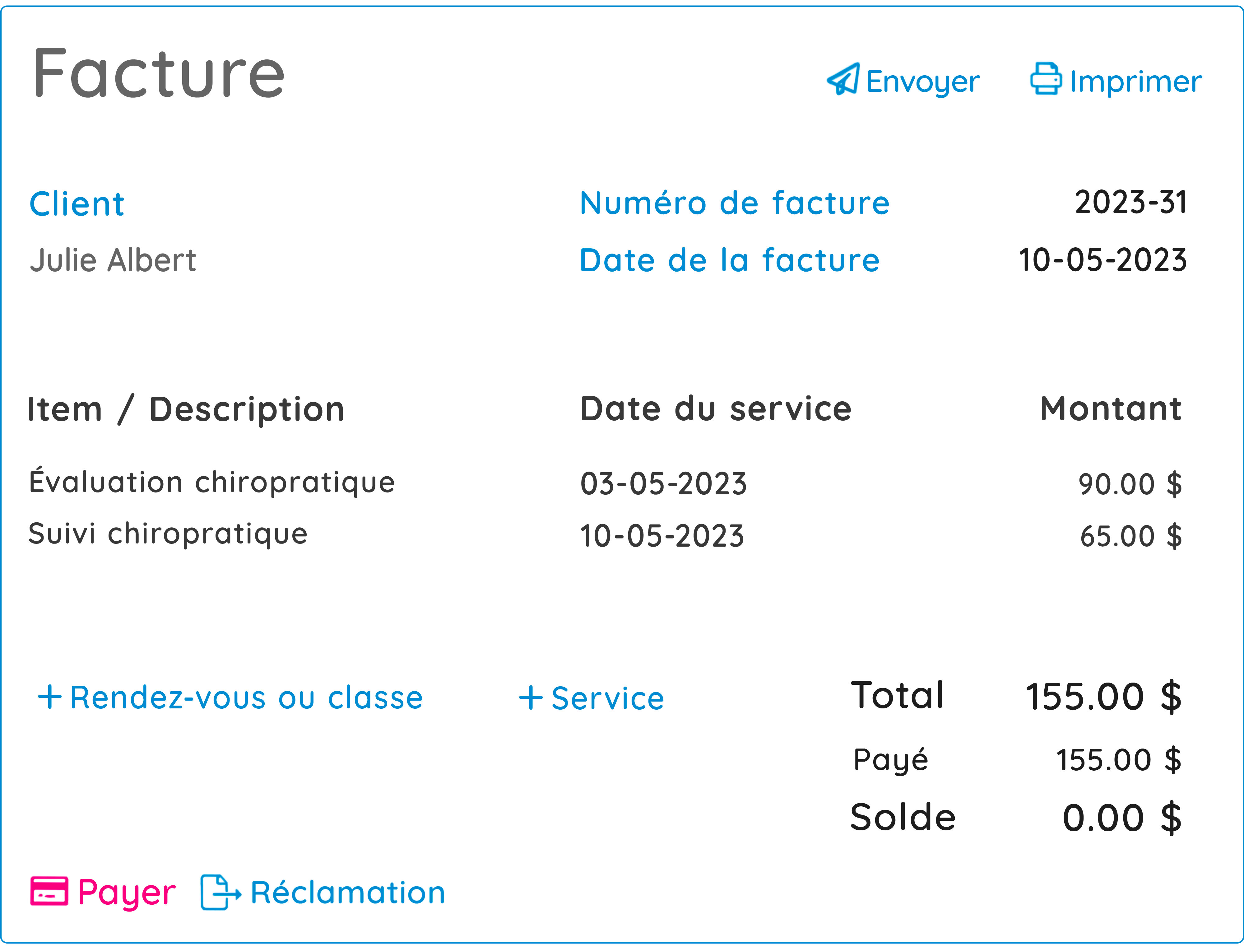 Facture GOrendezvous pour services rendus par un chiropraticien