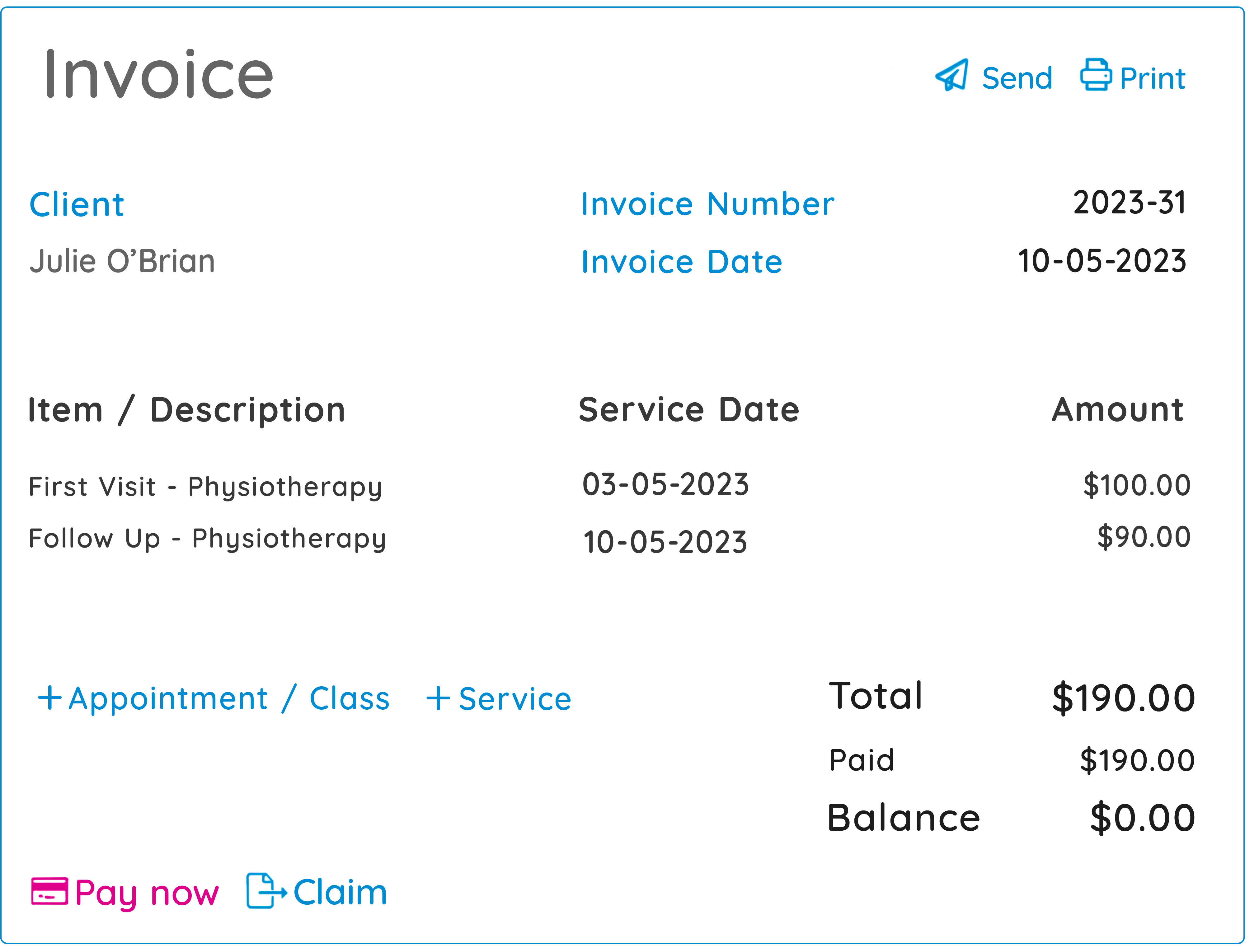 GOrendezvous invoice for services rendered by a physiotherapist